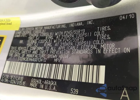 2010 Toyota Highlander Limited V6 из США, поврежденный, VIN 5TDYK3EH4AS013412